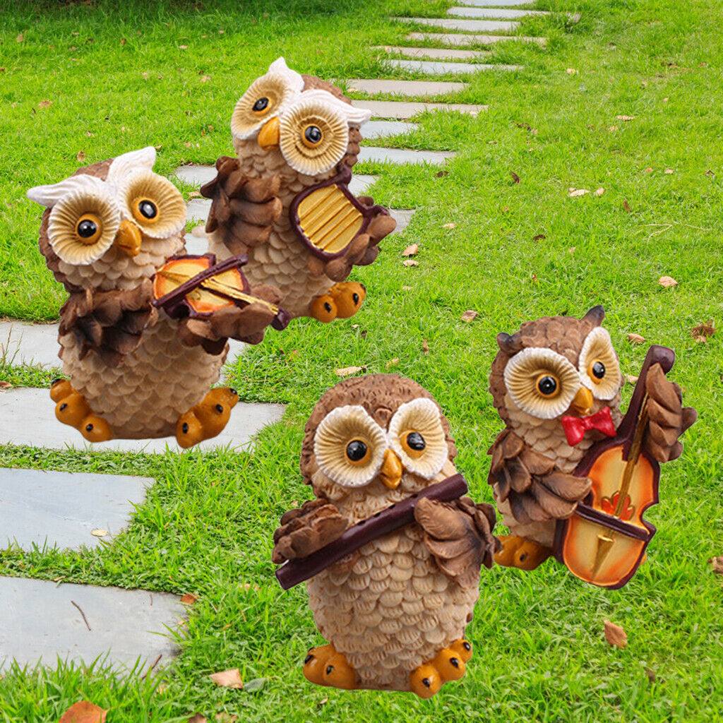 4x Outdoor Garden Ornament Owl Playing Music Ornaments Statues Animal Decors