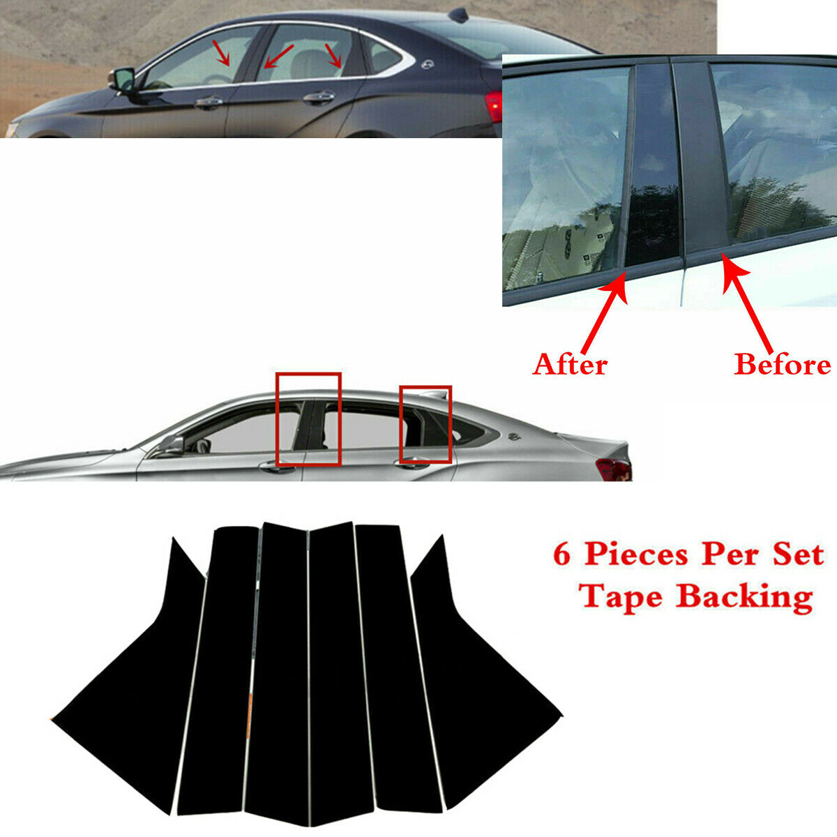 6× Black Car Body Left&Right Window Decoration Strips For 14-20 Chevrolet Impala