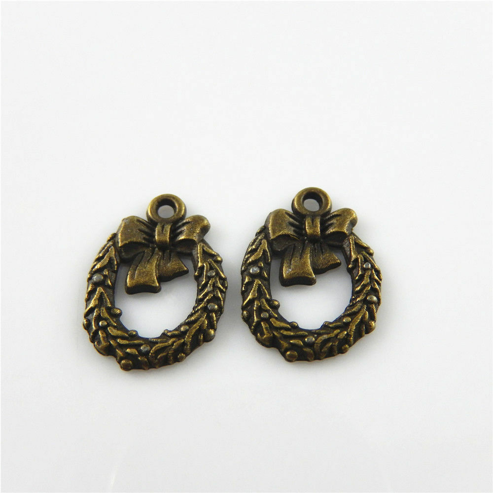 100 Retro Bronze Christmas Wreath Charm Alloy Pendant Xmas Craft Jewelry 14*12mm