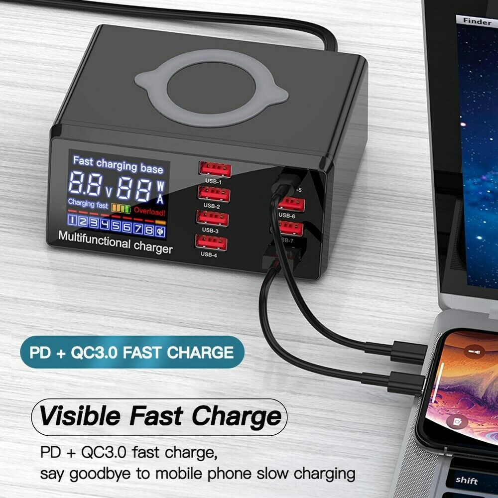 100W PD Fast Charger 8 Ports USB Charger QC 3.0 Adapter HUB Wireless Charger CA