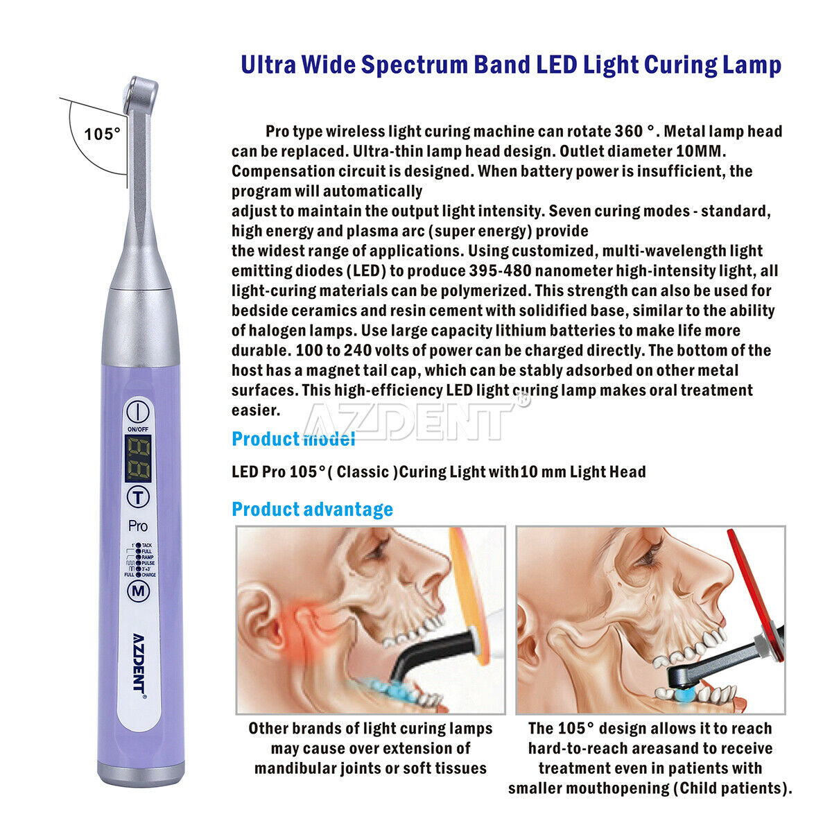 Dental Wireless LED PRO105 Curing Light Lamp 1 Second Curing High Power Purple