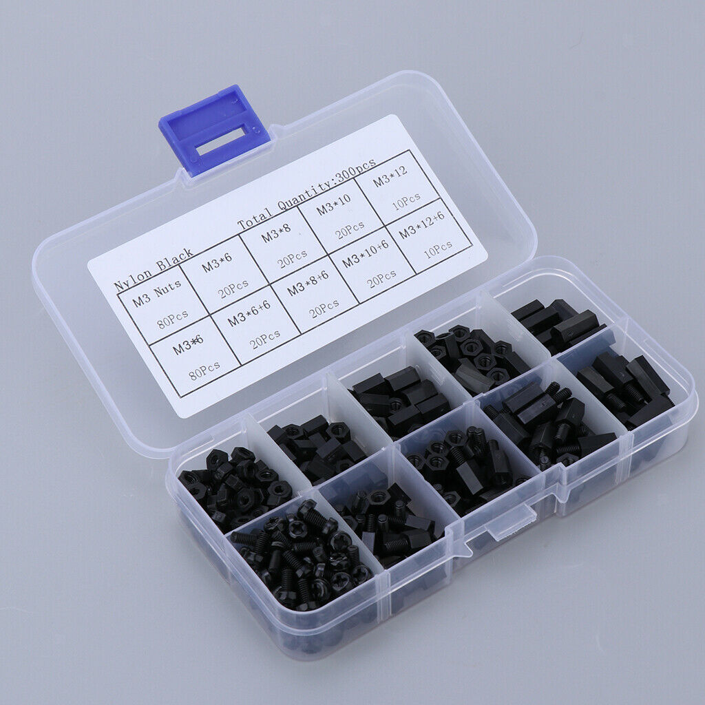 300 pcs M3 Nylon Hex Nuts Spacers Screws Stand-off Accessories Kit Black