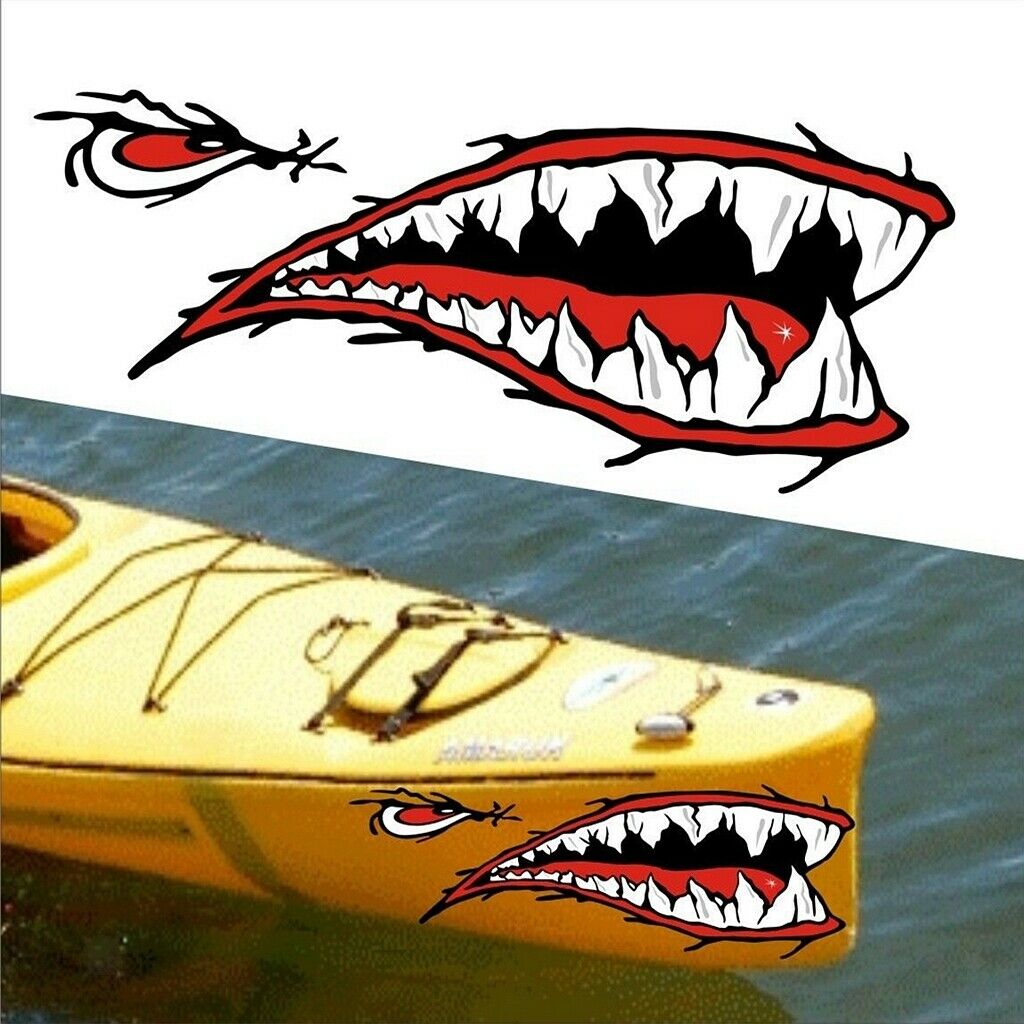 2 Sets Fish Boat Decals - 2x Fish Skeleton Decals & 2x Shark Teeth Mouth Decals,