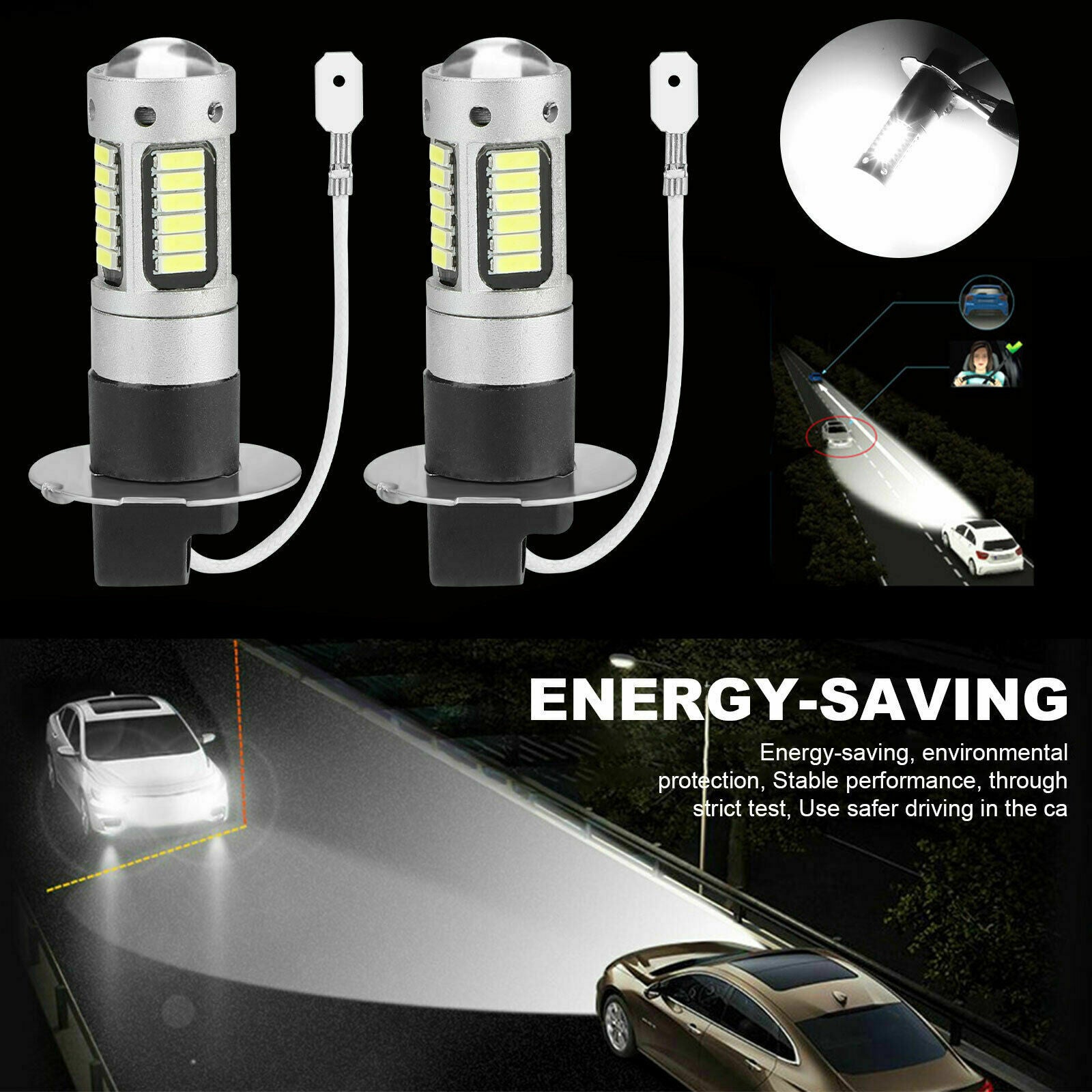 2x H3 LED Fog Driving Light Bulbs Conversion Kit Super Bright 6000K White