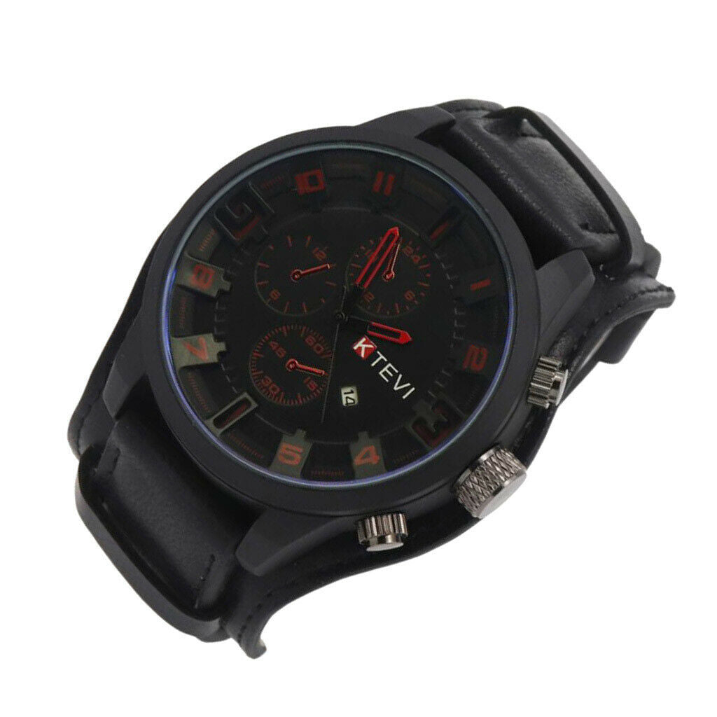 Mens Outdoor Waterproof Calendar Watch Quartz Leather Wristwatch Black