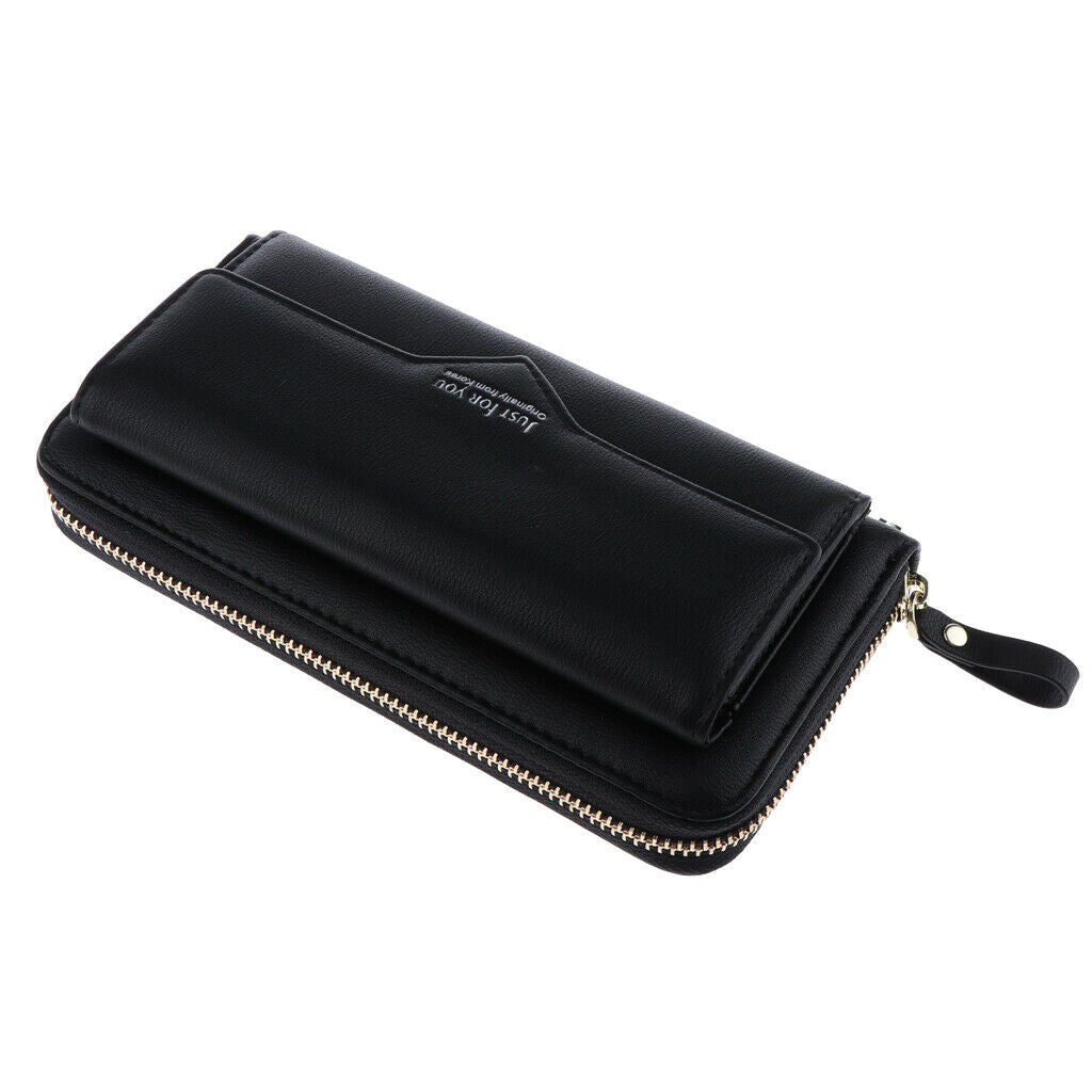 Women PU Leather Wallet Long Bifold Wristlet Purse Clutch Card Holder Black