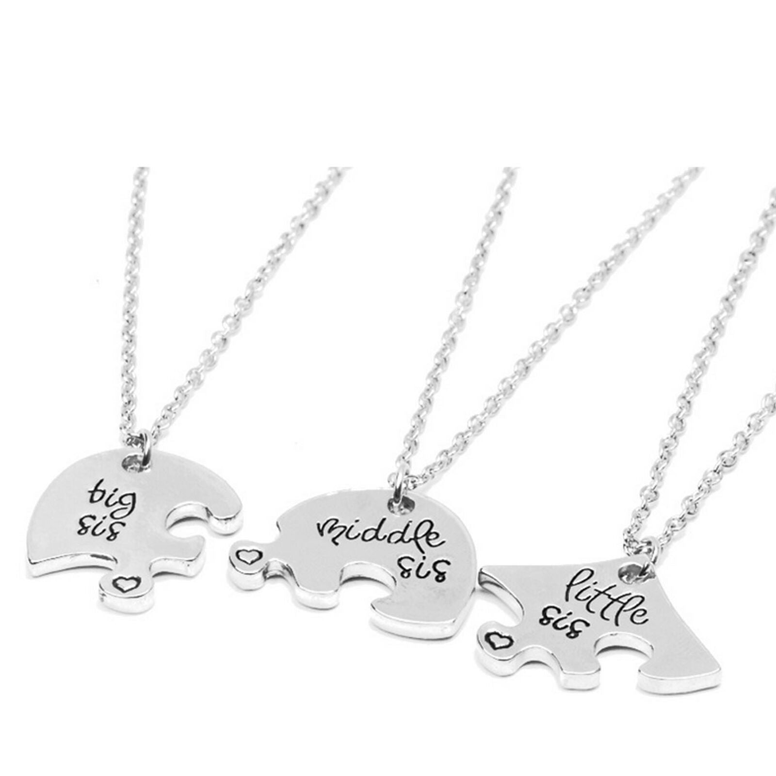 3 in 1 Heart Puzzle Shape Sister Little Sis Middle Sis Big Sis Pendant Necklace