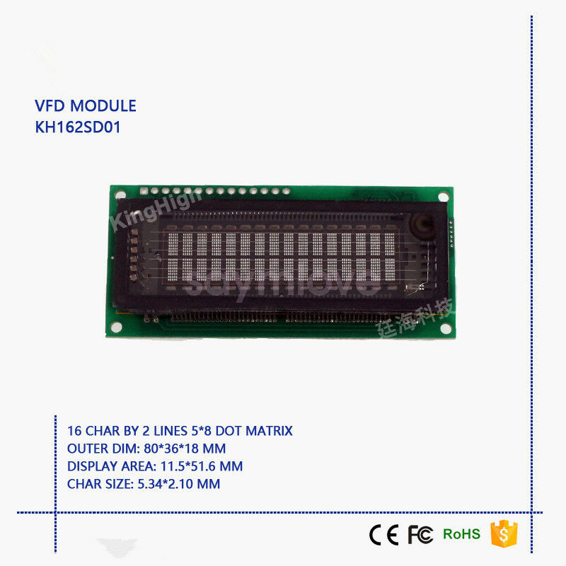 New 16*2 Characters VFD Display Module Compatible with LCM1602 FUTABA M162SD07FA