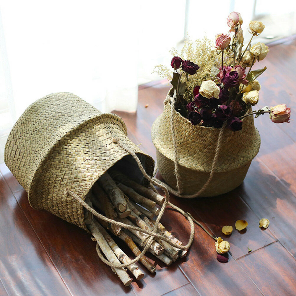 Foldable Rattan Hanging Flower Pot Planter Laundry Storage Basket Xmas De.l8