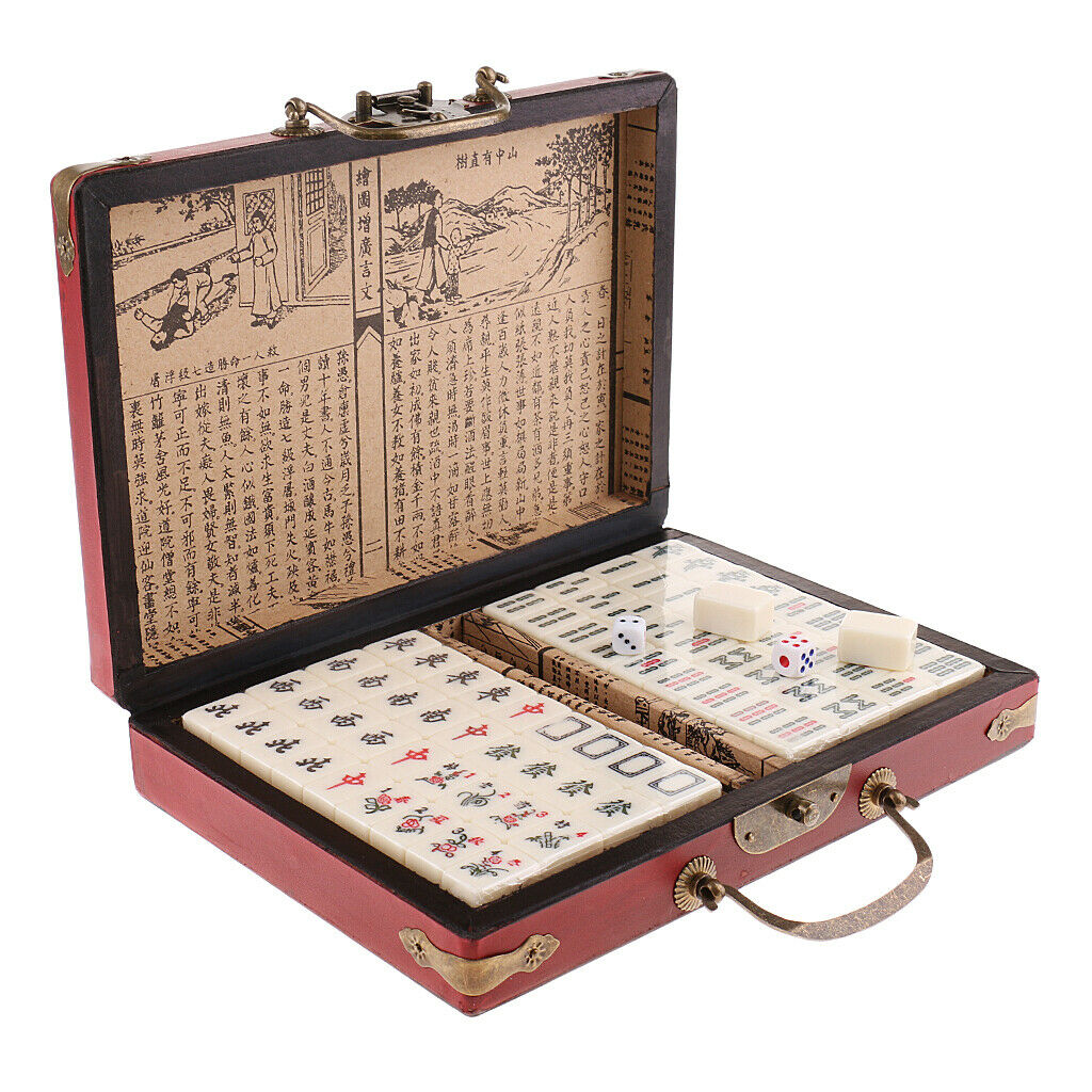 Chinese Mahjong Collectible Majiang Set with Retro Style Case, 3x2.2x1.5cm Tile