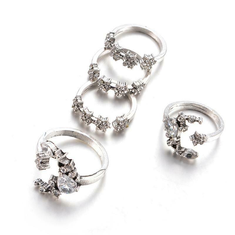5PCS Shiny Crystal Moon Star Fully Inlaid Cubic Zircon Finger Knuckles Ring Set