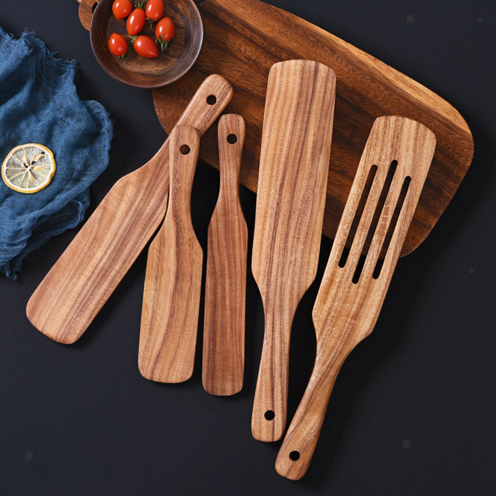 5Pcs Premium Natural Teak Wood Slotted Spatulas Spoons Set Utensils Cooking