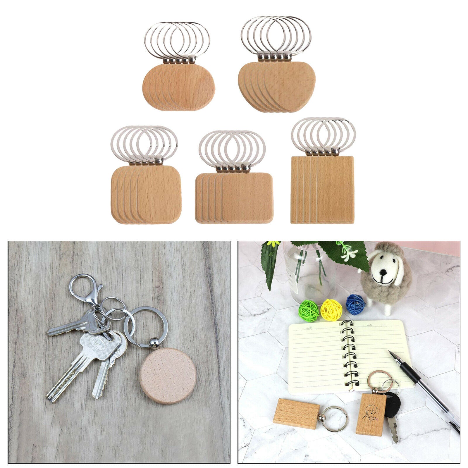 25Pcs Unfinished Blank Wooden Key Chain Keychain Rings Key Tags Car Pendant