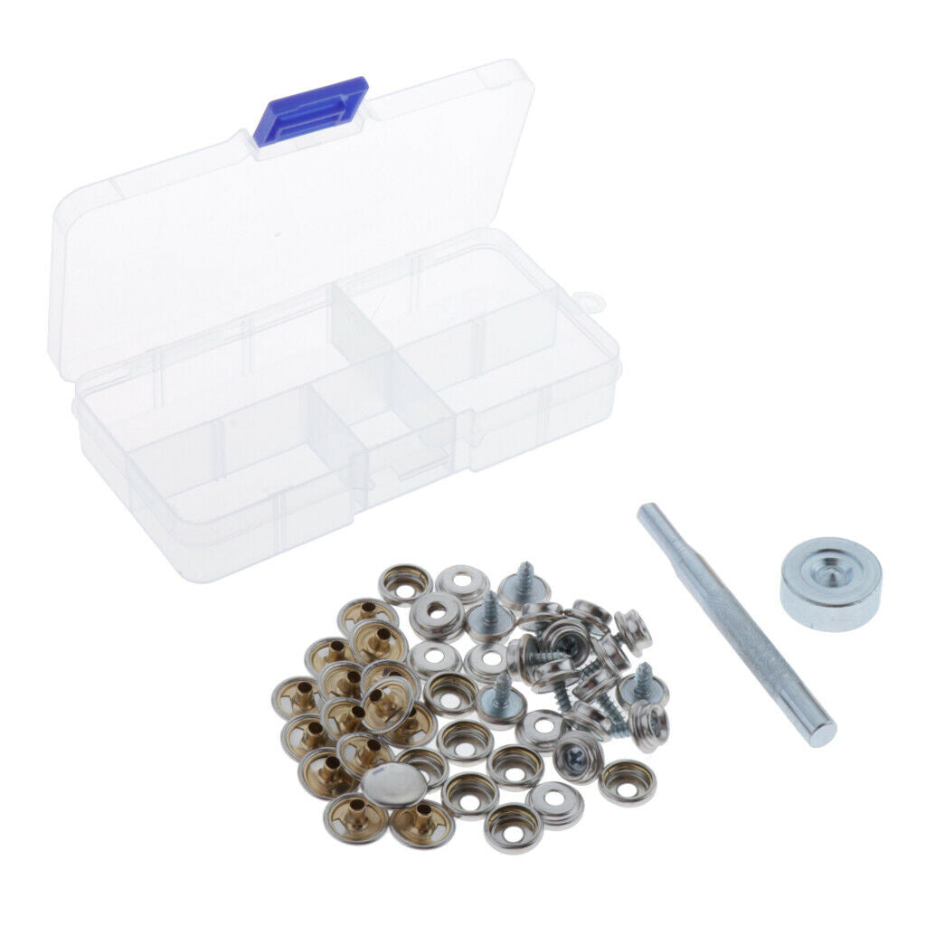 15Sets Snap Button Screw Boat Stud Fastener Nut Setting Tool Kit with Case
