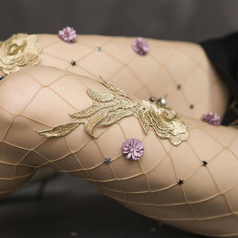 Women Fishnet Tights Floral Embroidered Stockings Pantyhose Dance Clubwear Sexy
