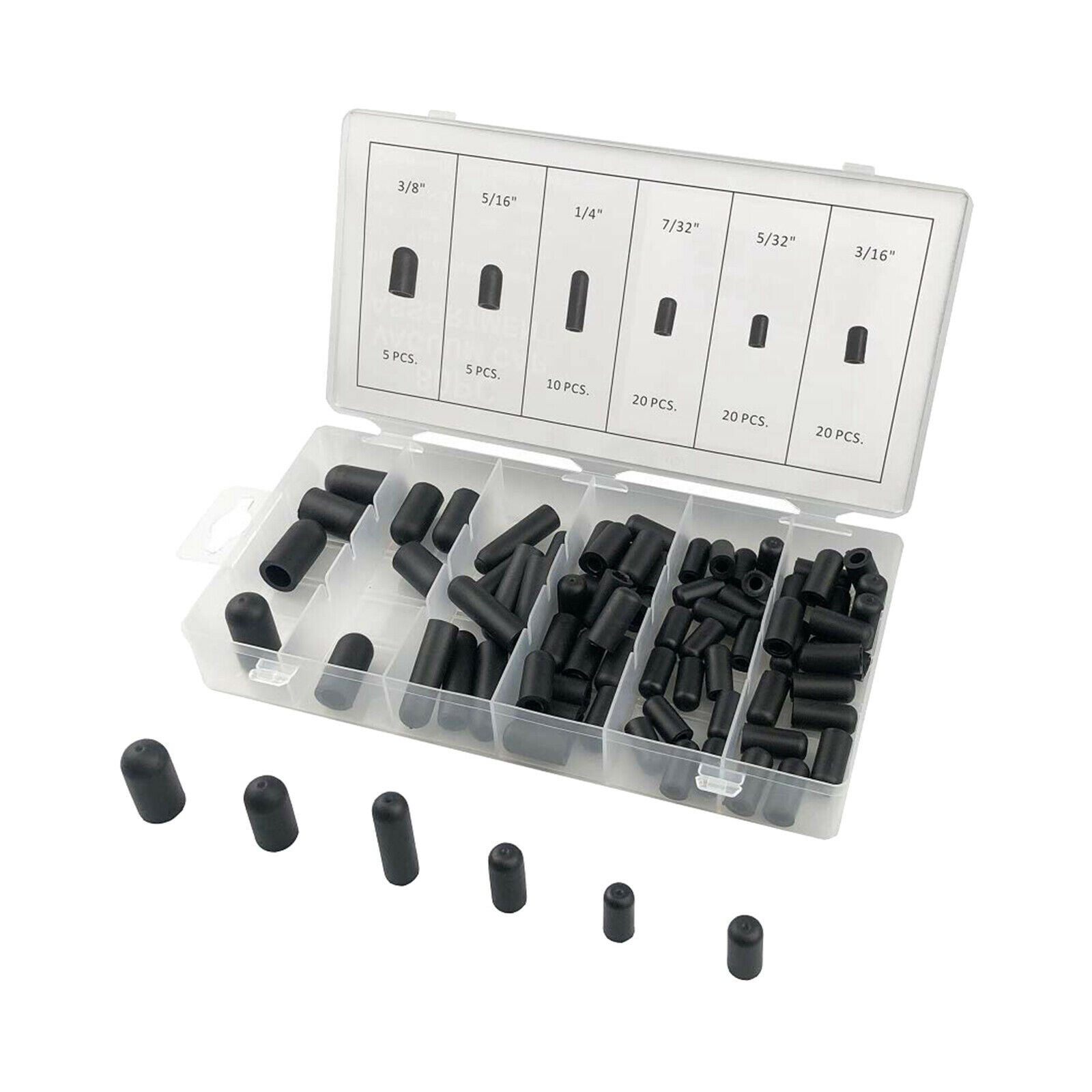 80 Pieces Black Rubber Vacuum Cap Assortment Kit 5/32" to 3/8" Replaces