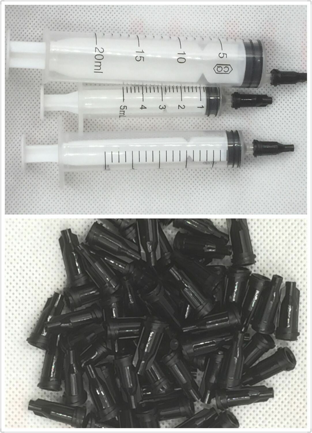 5cc, 10cc and 20cc barrel + Lock Sringe Needle Tip Cap Dispensing black