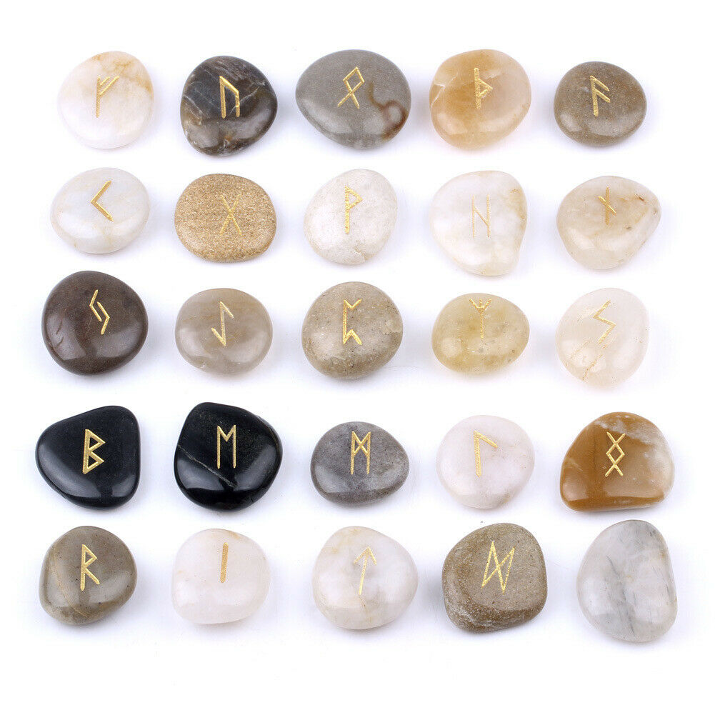 25pcs/SET Natural Cobblestone Rune Engraved Set Healing Reiki Tumble Stones