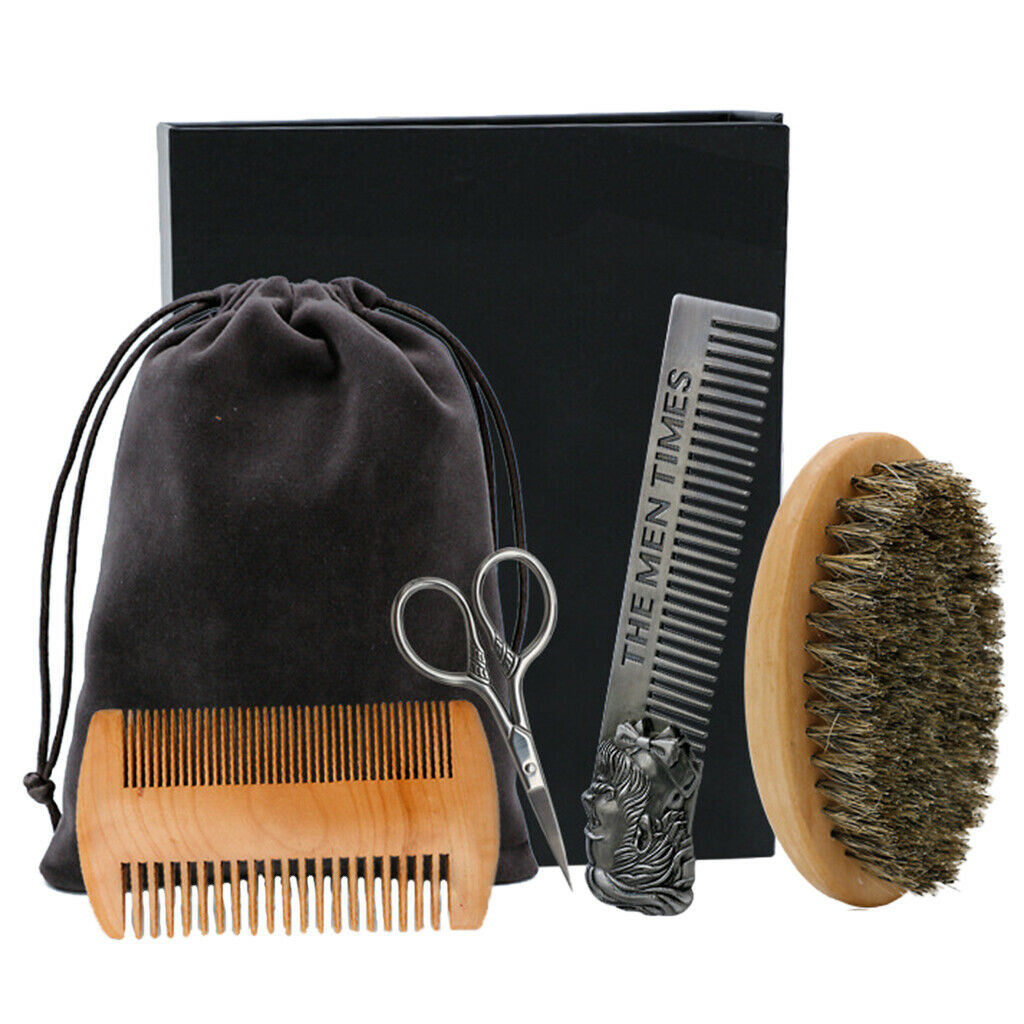 Wide Tooth Comb Set for Beard Mustache + Artificial Brush 4 Pieces