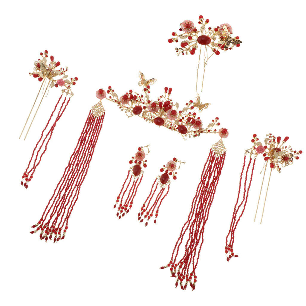 Chinese Ancient Red Crystal Hair Stick Tiara Crown Wedding Bride Headdress