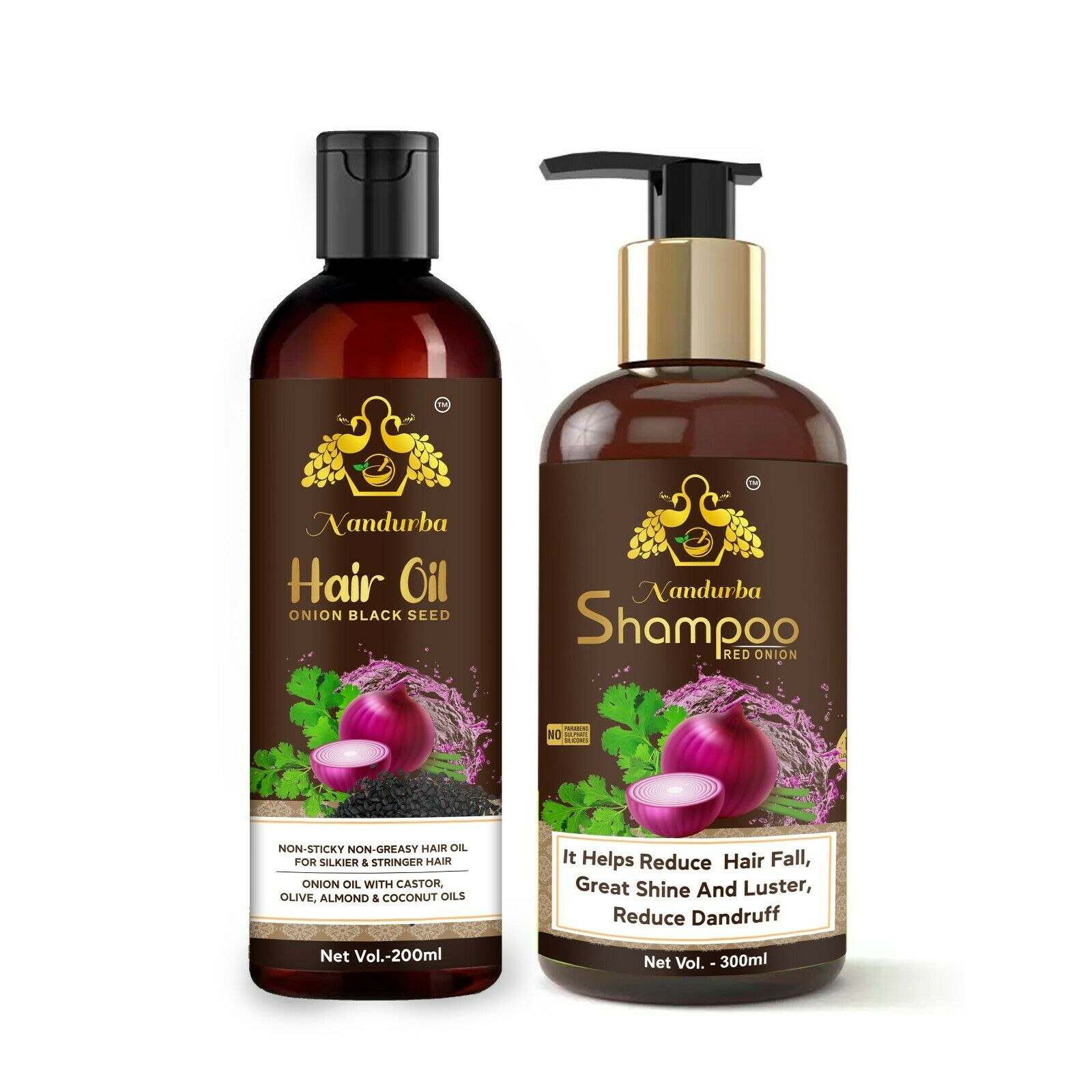 Nandurba Onion Hair Oil Onion Shampoo 200ml+300ml (Pack 2)Growth Long Shiny