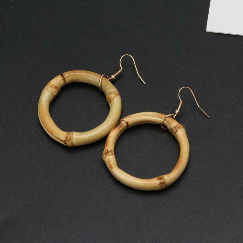 Handmade Natural Bamboo Wood Round Circle Dangle Hoop Earrings Fashion Jewelry