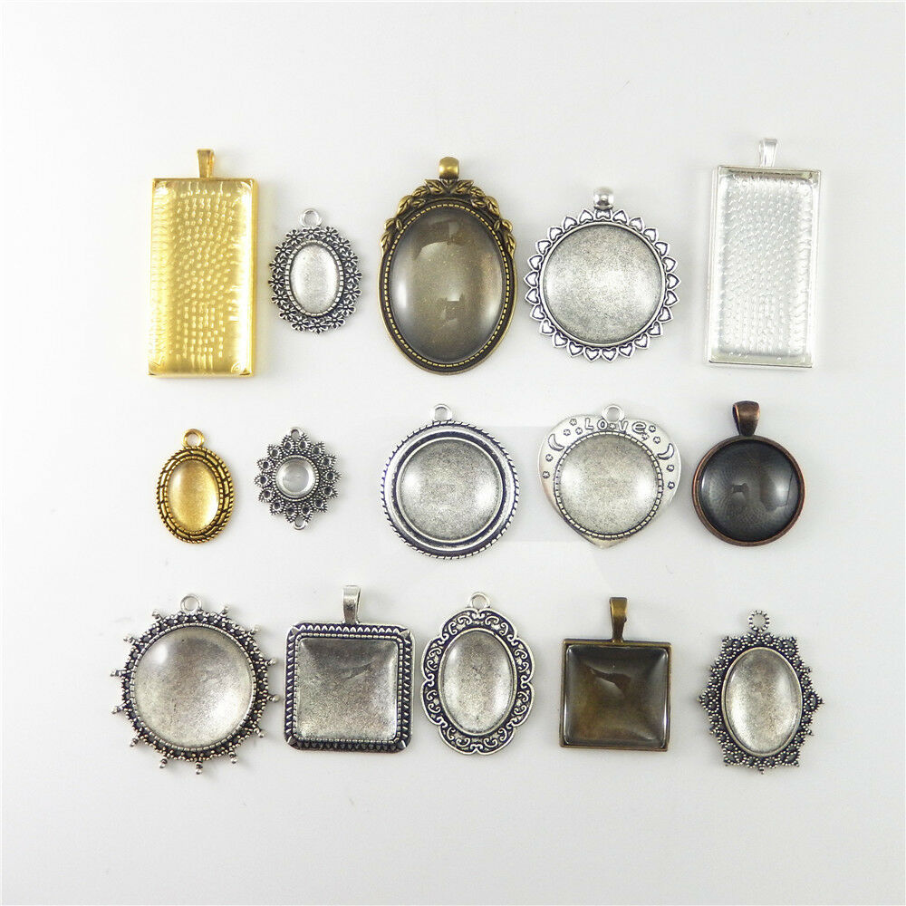 Lot of 15 Assorted Metal Bezels and Glass Cabochons Photo Making Pendants Retro