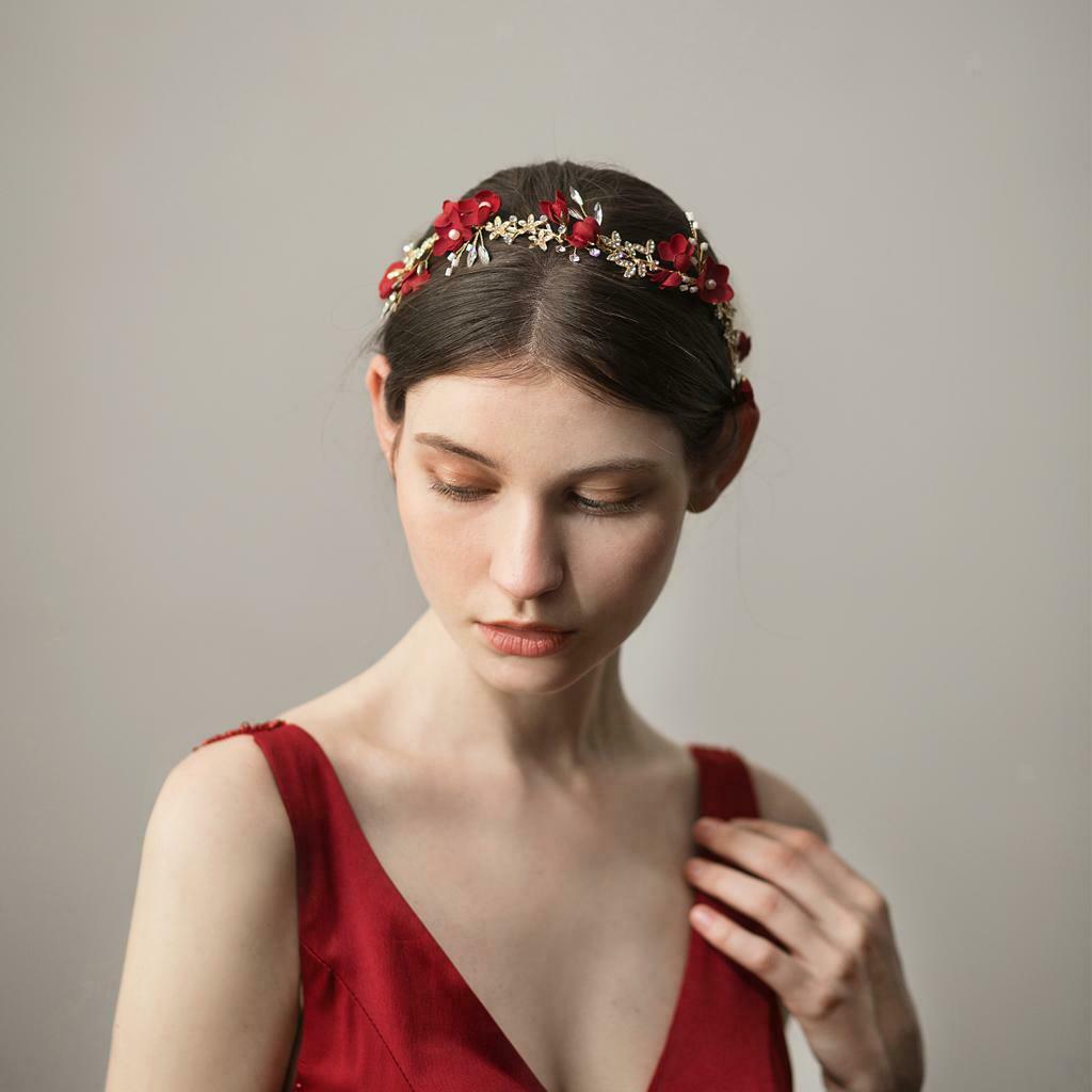 Bridal Rhinestone Flower Tiara  Hairband Wedding Hair Decor Wine Red