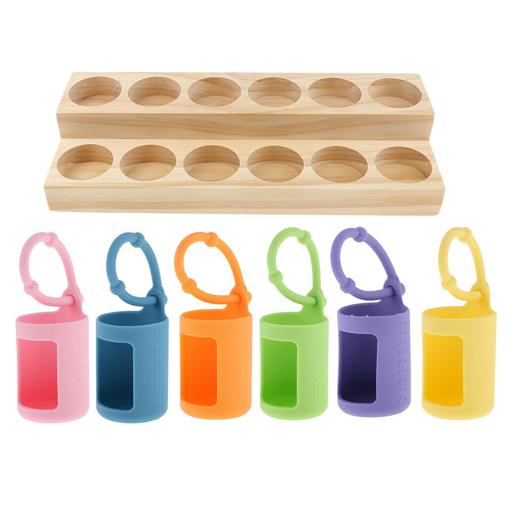 Wood Essential Oil Display Stand with 6 Silicone Carrying Sleeves Case - for