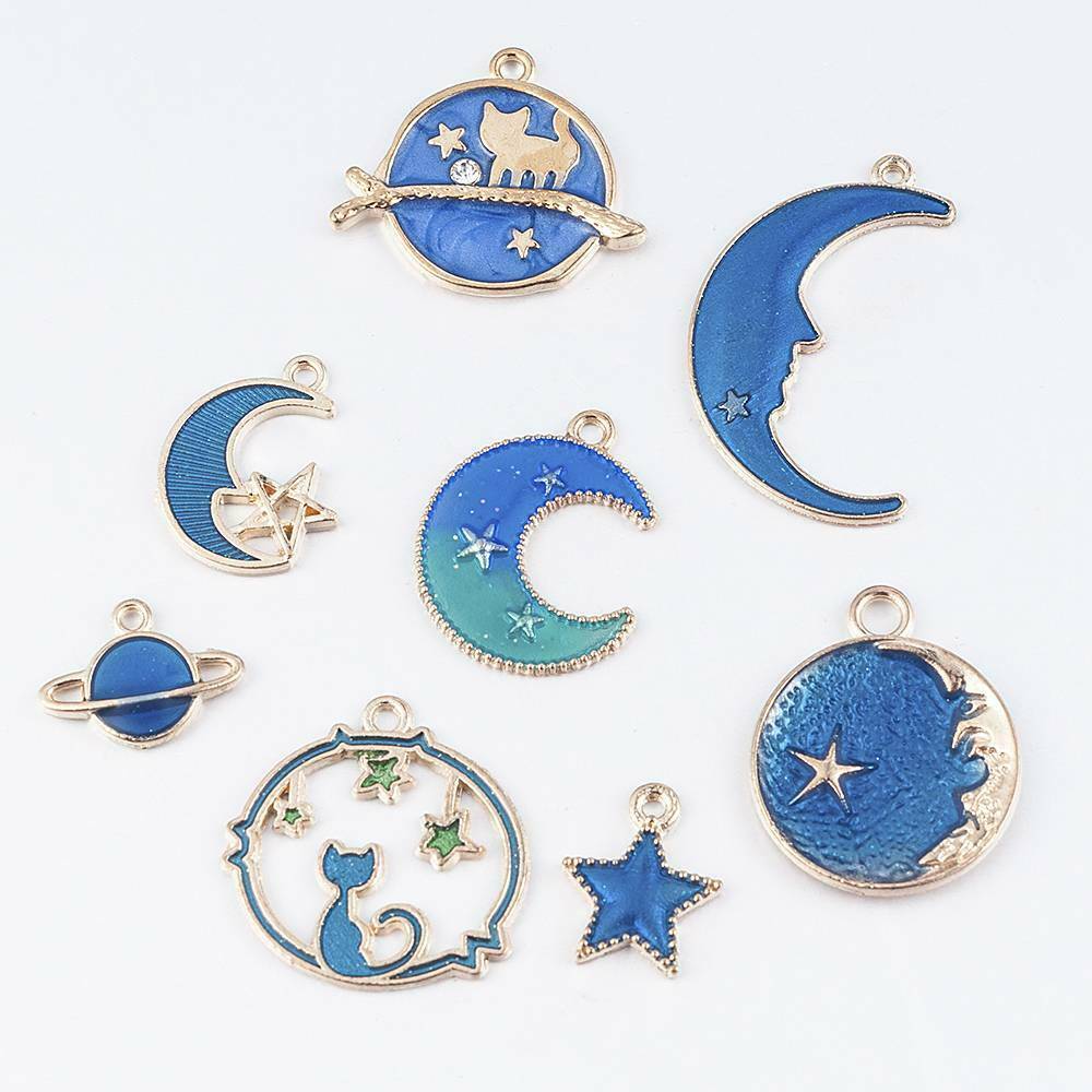 8*/Set Enamel Moon Star Planet Charms Pendant Jewelry Findings DIY Craft Making