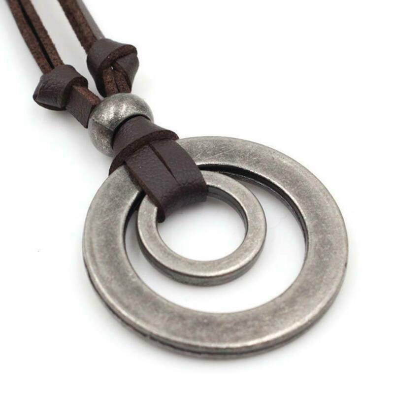 Men Women Retro Double Ring Pendant Adjustable Leather Cord Necklace Jewelry