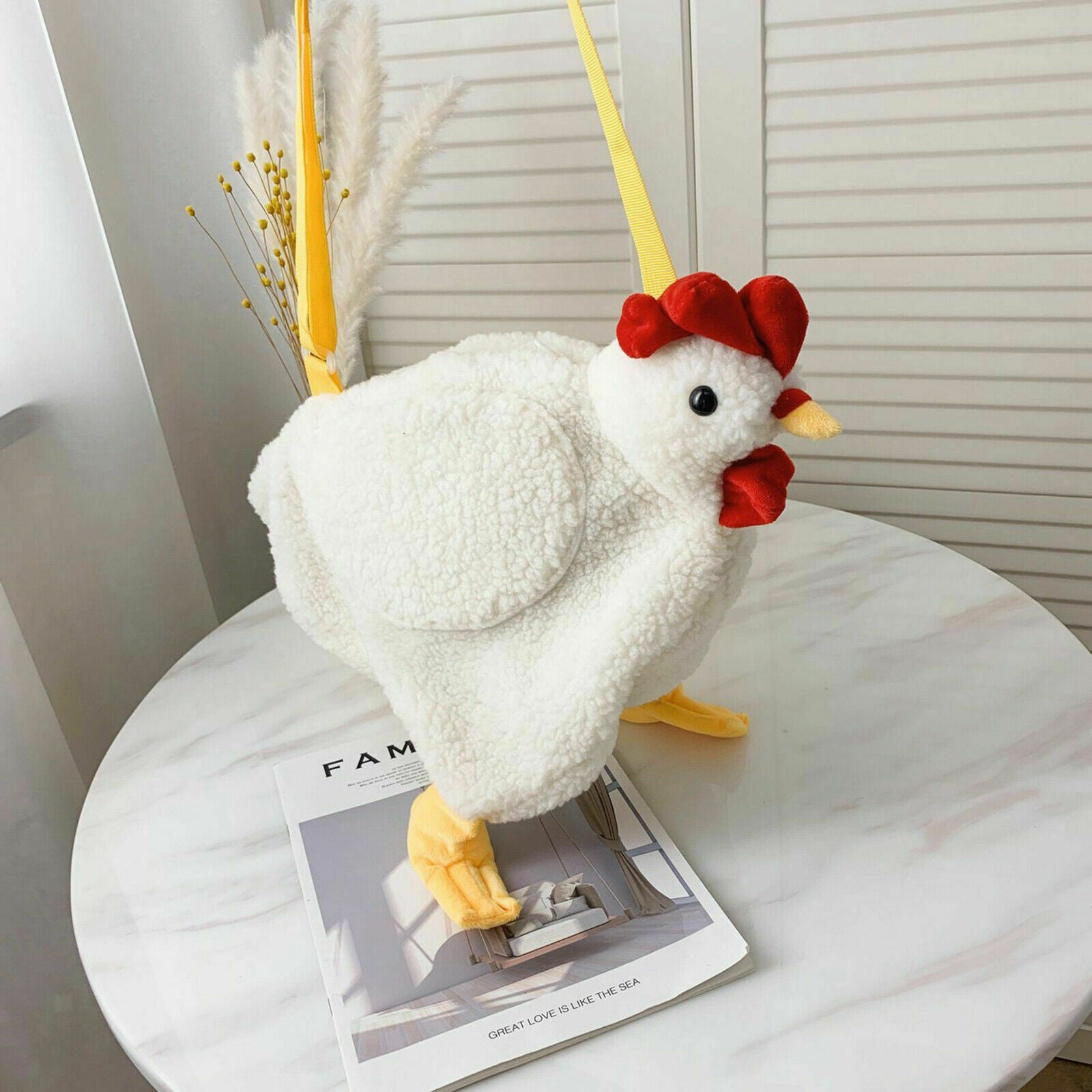 Women Faux Fur Tote Shoulder Bag Cartoon Chicken Plush Handbag Crossbody Pack
