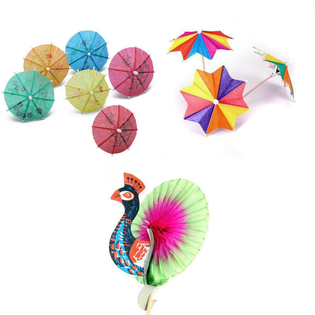 288pcs 4 Inch Drink Umbrella Parasol Cocktail Picks, 50pcs Peacock Stick Cupcake