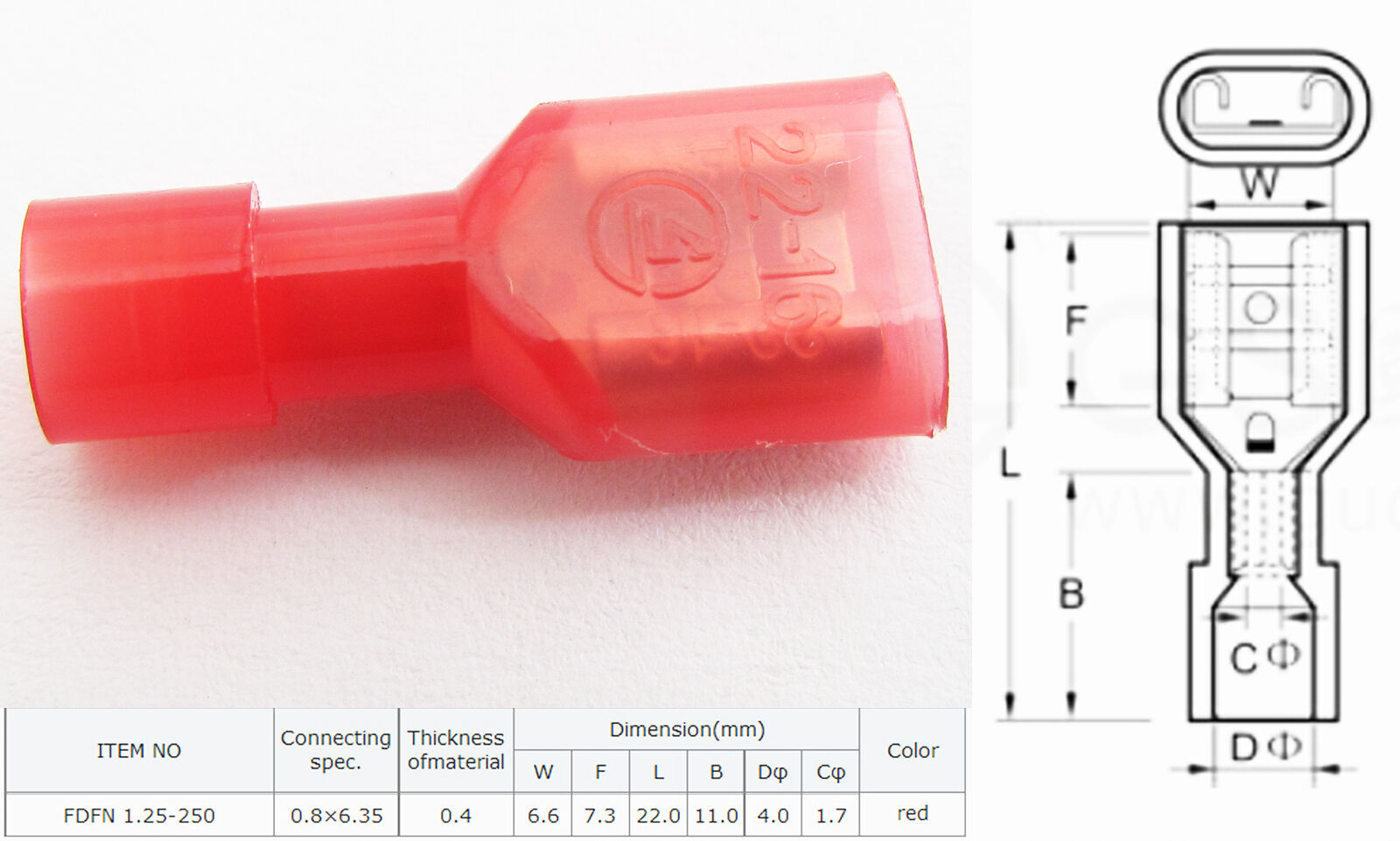 5pcs Red Nylon Full Insulated Female Copper Terminals 16-22 Gauge W:6.6mm 10A