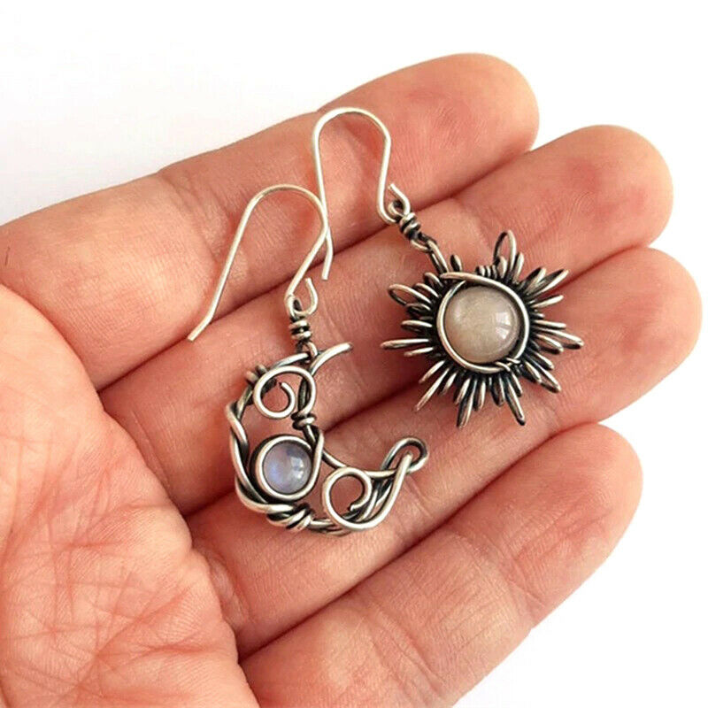Retro Sun Moon Earrings Moonstone Asymmetric Earrings Woman Jewelry Gift