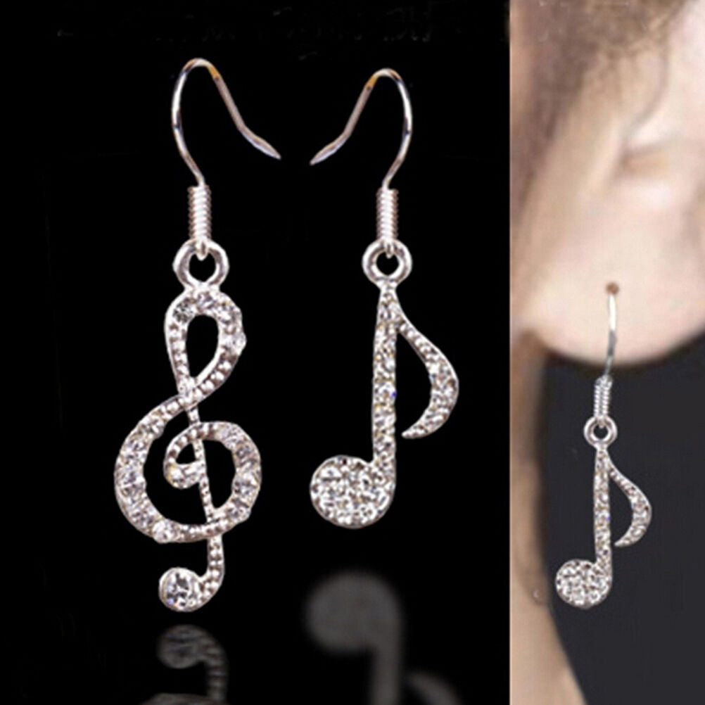 Personality Trendy Music Notes Clear Crystals Lady Dangles Party Earring H Qx