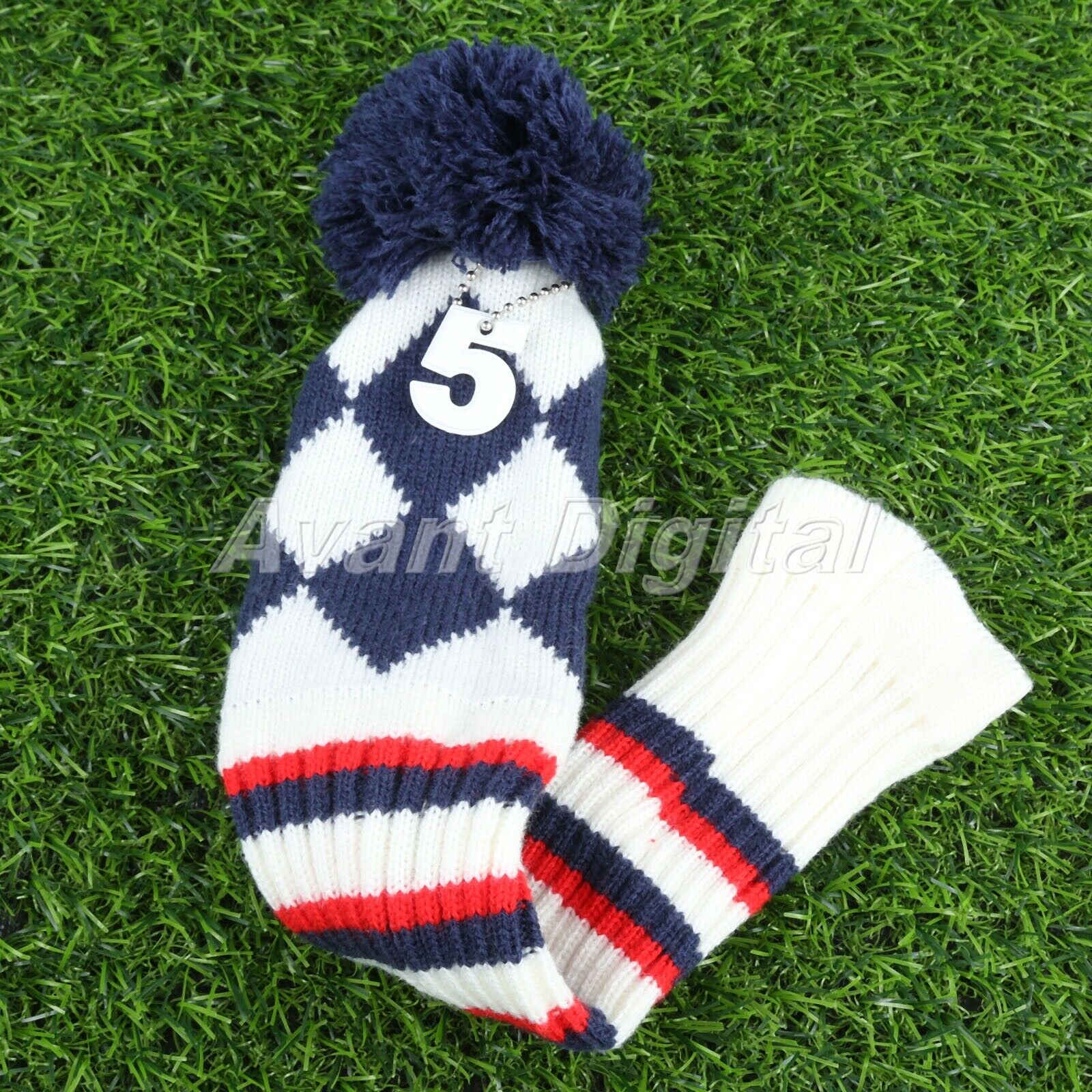3Pieces Golf Head Covers Knitted Striped Pom Pom Soft Wood Protective Cover Case