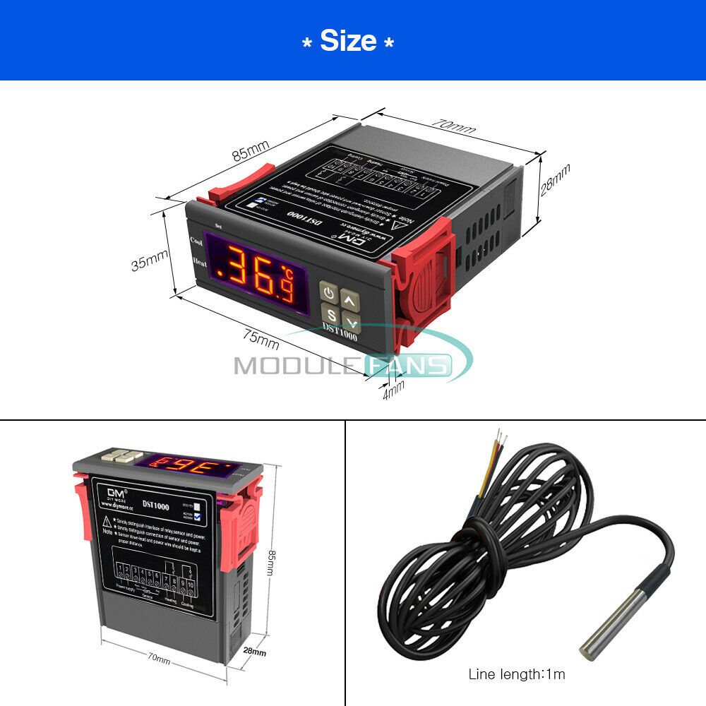DST1000 AC 100/220V Thermostat Temperature Controller and DS18B20 Probe Sensor