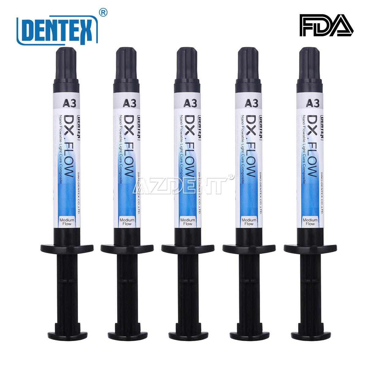 5pcs Dental Flowable Medium Flow Light Cure Composite A3 Shade DENTEX DX.FLOW