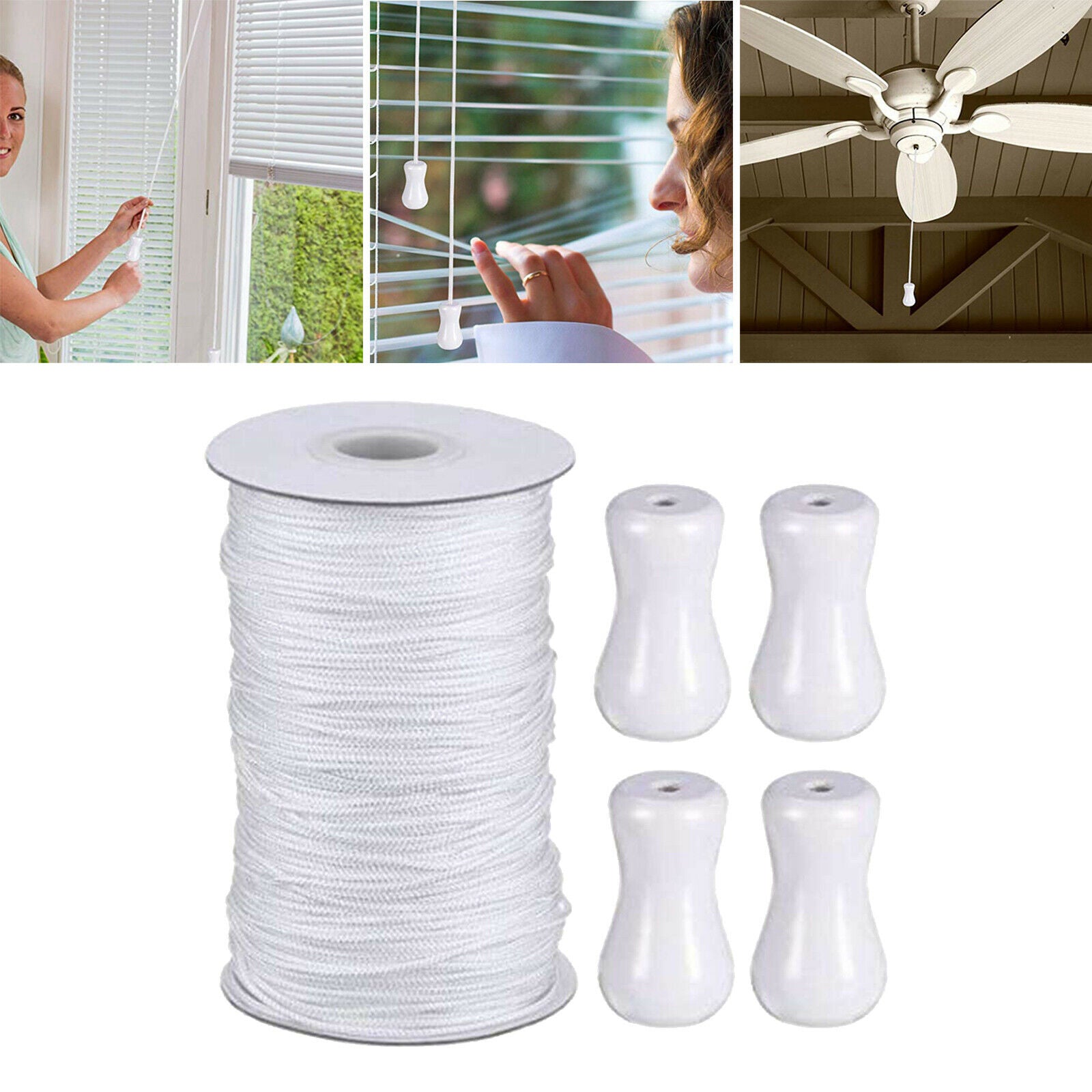 1.8mm White Braided Lift Shade Cord w/ 4pcs Wooden Pendant Gardening Plant