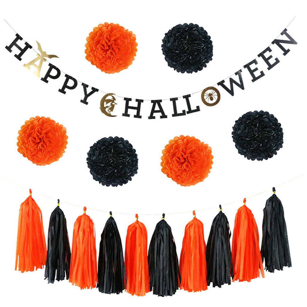 17pcs Halloween paper decorations banner garland fan shape balls tassels