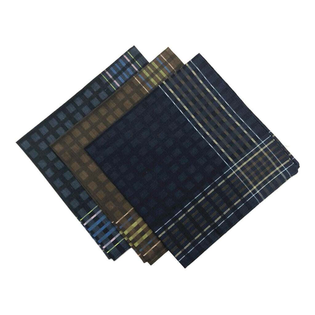 3x Men's Plaid Handkerchiefs 100% Cotton Party Pocket Square Hankies 16x16"