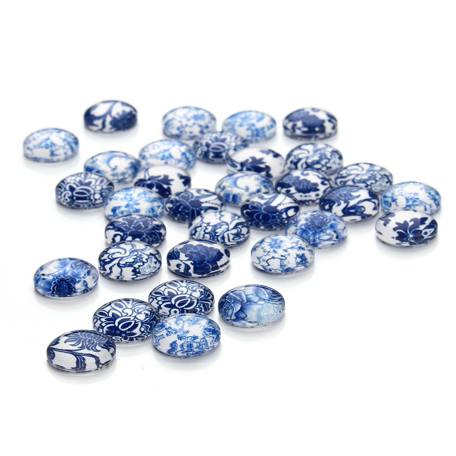 30pcs Round Glass Mixed Blue and white Porcelain Pattern Cabochon Flat Back 12mm