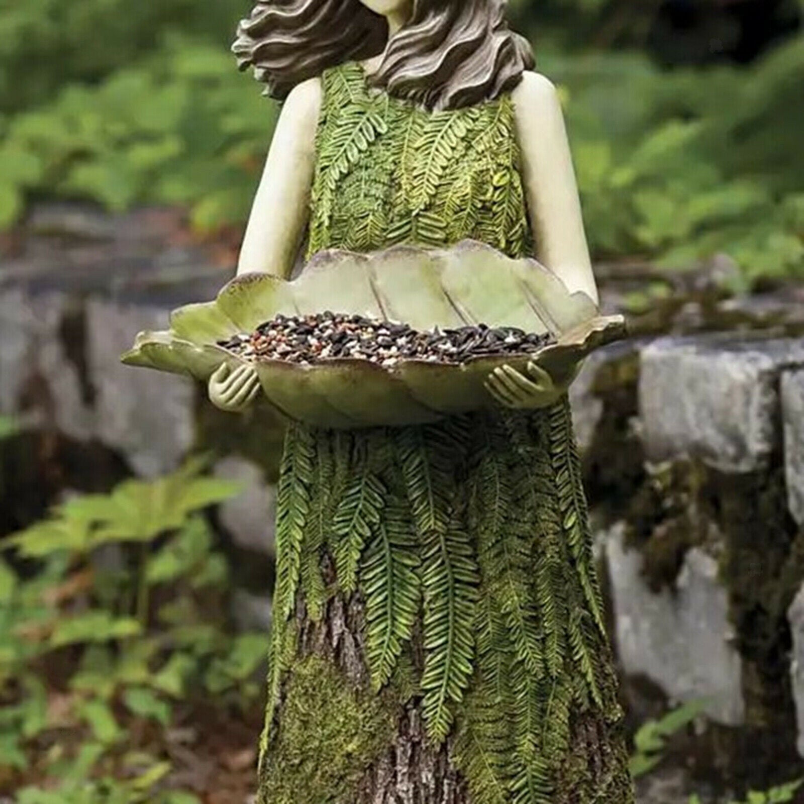 Sherwood Fern Fairy Statuary w/ Bird Feeder Garden Art Ornament Decor Craft