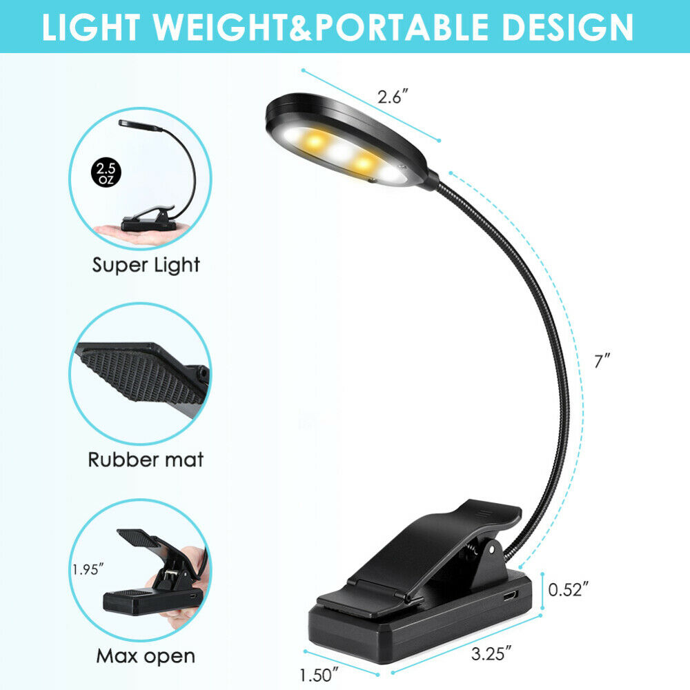 USB Rechargeable LED Book Light Flexible Clip On Book Light Night Reading Lamp