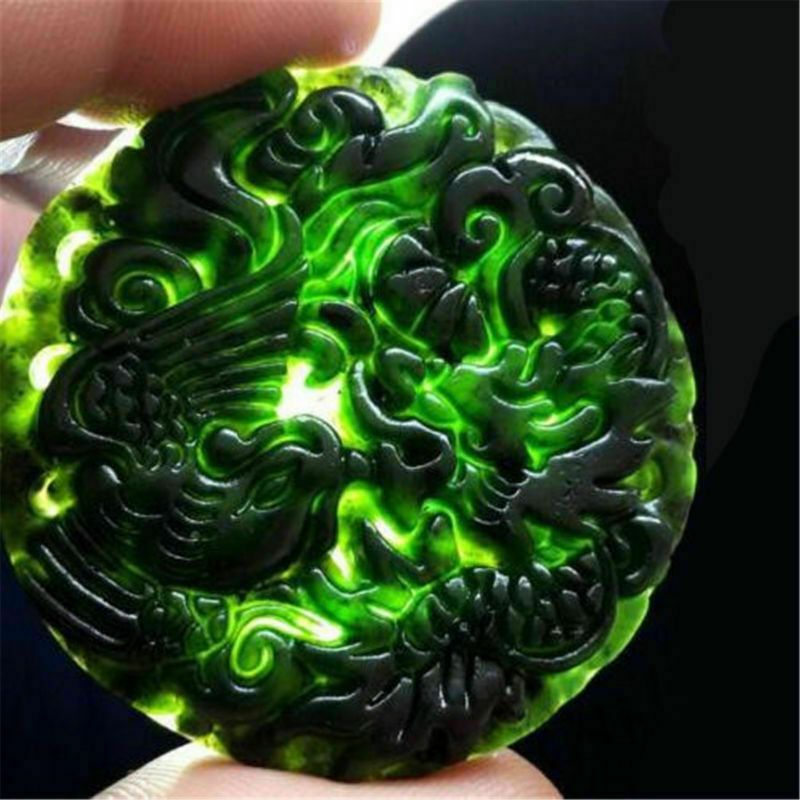 2pcs Chinese Natural Black Green Jade Pendant Dragon&Phoenix Good Lucky Amulet