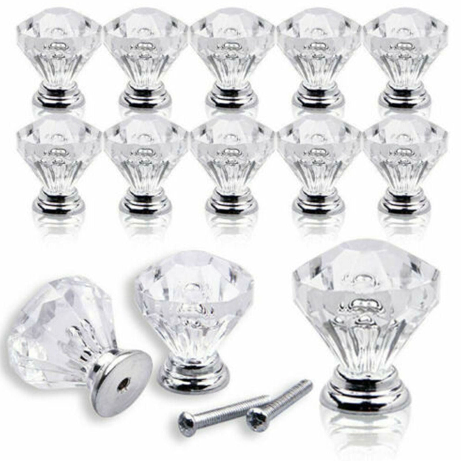 12Pcs Crystal Glass Cabinet Knob Diamond Shape 30mm Drawer Cupboard Handle Pull
