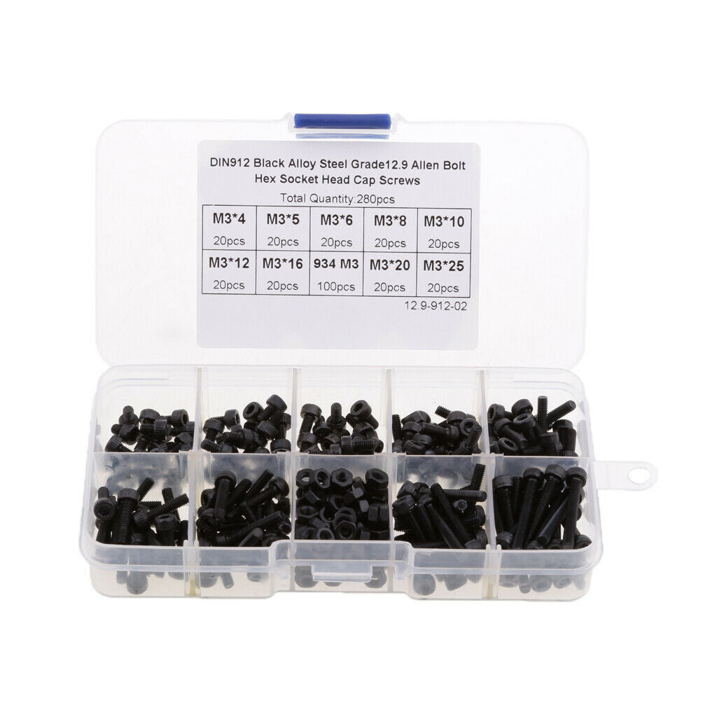 280 Pcs M3 Screws 4mm-25mm Hex Socket Kit Set Jig Caps