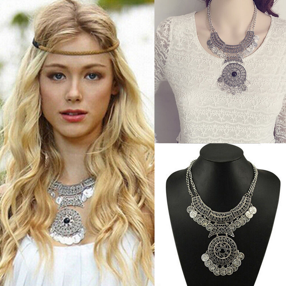 Bohemian Festival Jewelry Fashion Women Double Chain Coin Statement Neckl.l8