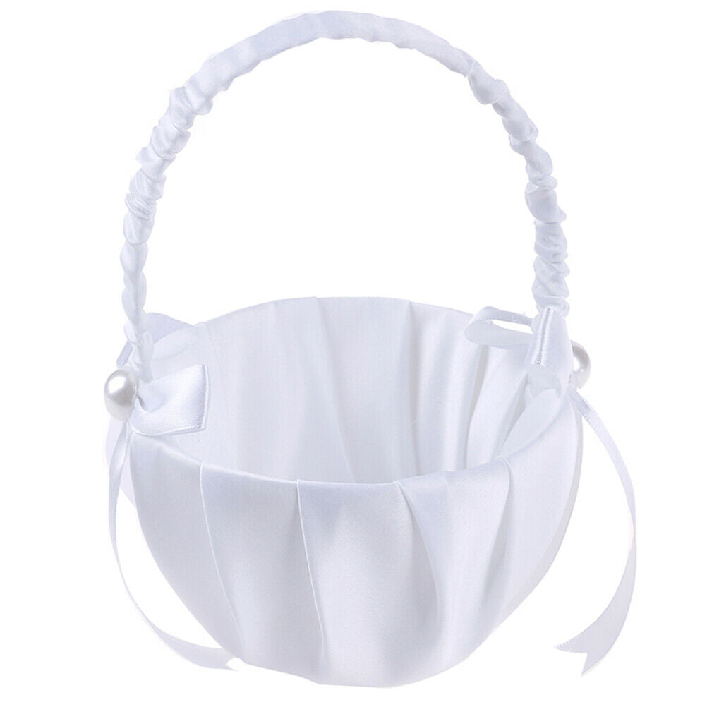White Satin Beaded Wedding Flower Girl Basket Bowknot Decor NTJ ueJCA.DD